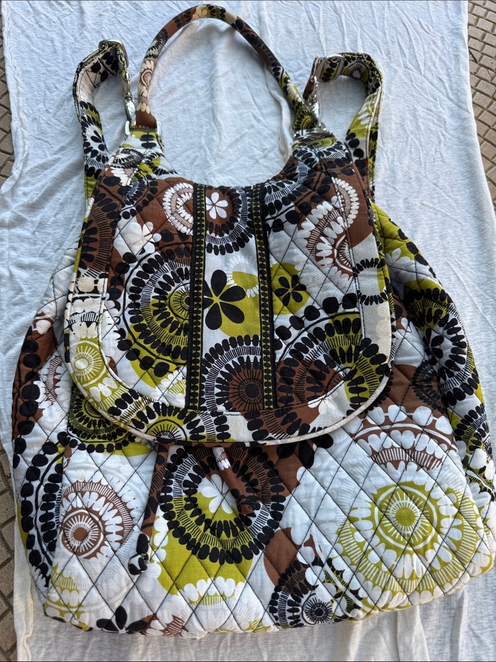 Vera Bradley Quilted Backpack / Shoulder Bag - Olive, Brown & White Floral Print